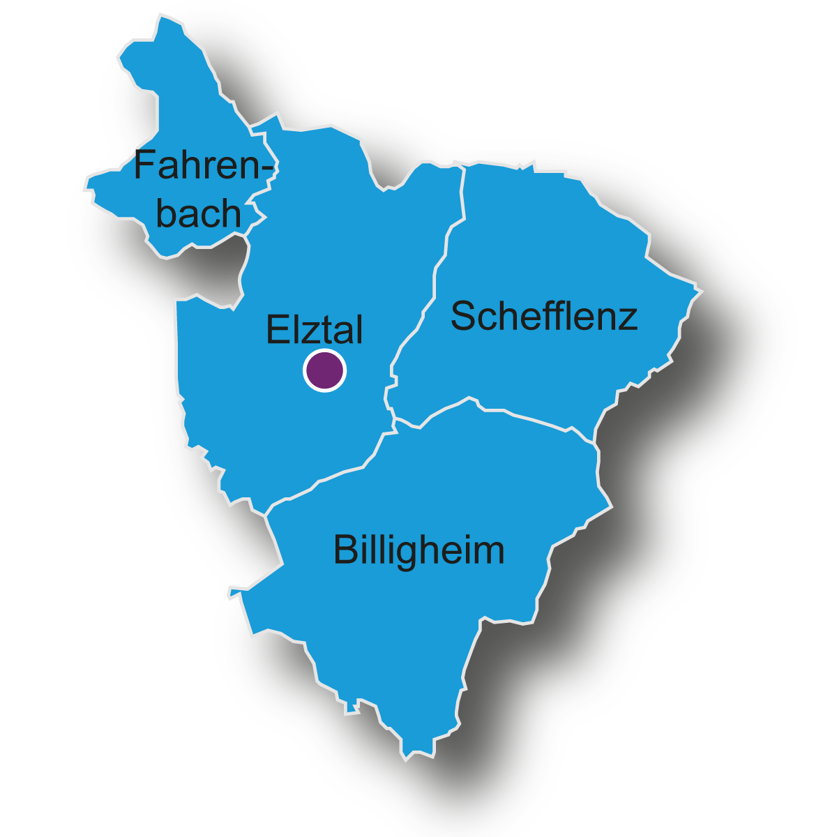Pflegedienst Außenstelle für Elztal, Billigheim, Schefflenz und Fahrenbach Karte mit dem Einzugsgebiet der Außenstelle Dallau